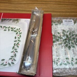 Lenox Holiday Glass Cheese Board with Knife Christmas 10.75” New in Box